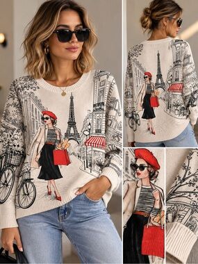 Cream Paris Graphic Crewneck Sweater with Red Accents